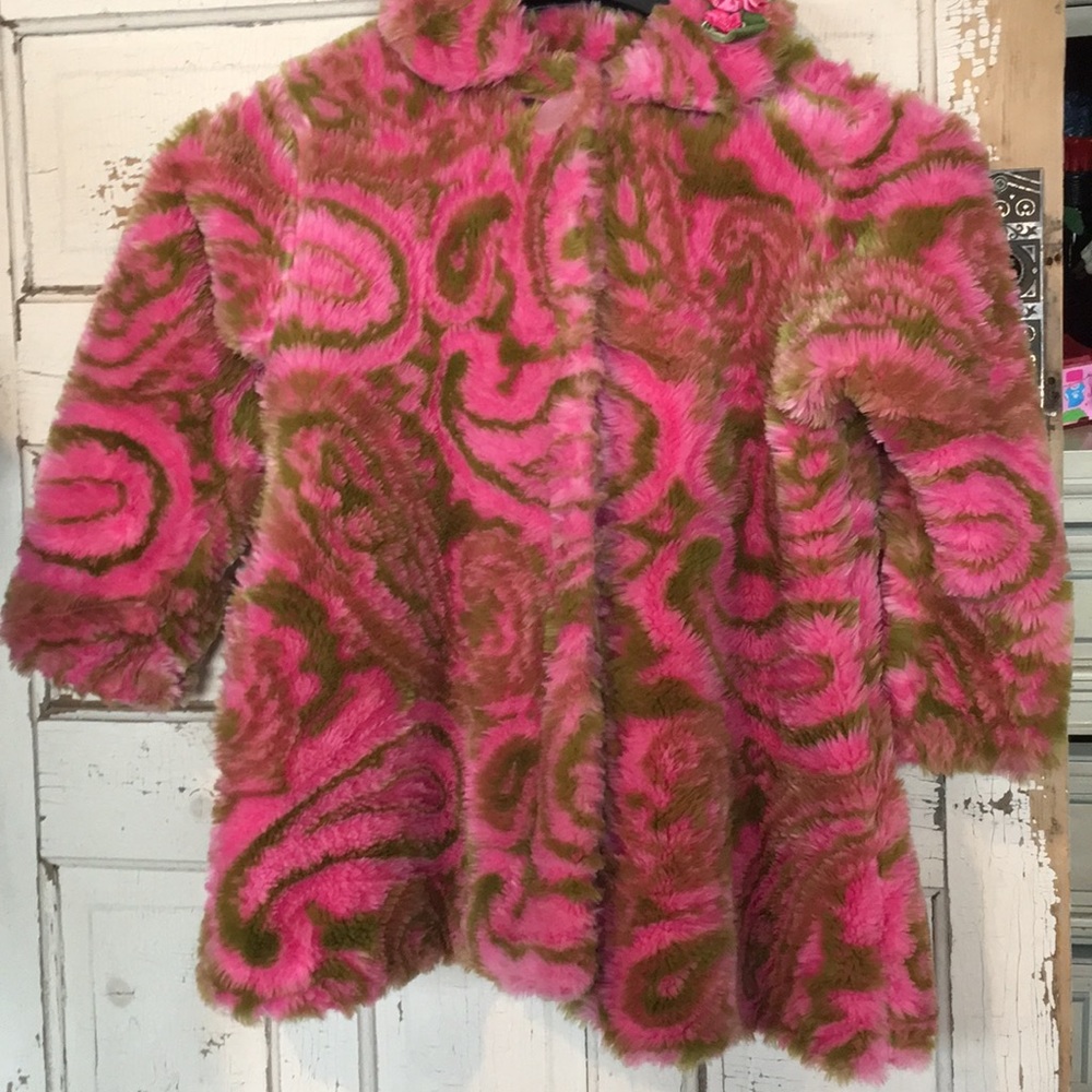 Unique Corky & Co girls 6x fuzzy green & pink coat